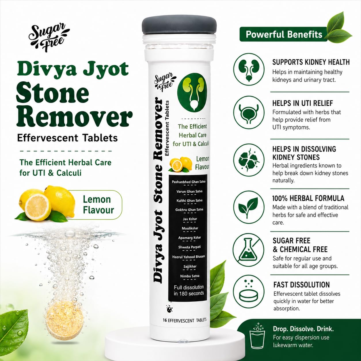 Divya Jyot Stone Remover (Sugar Free) Ayurvedic Lemon Effervescent Tablets for Urinary Wellness Support, 16 Tablets