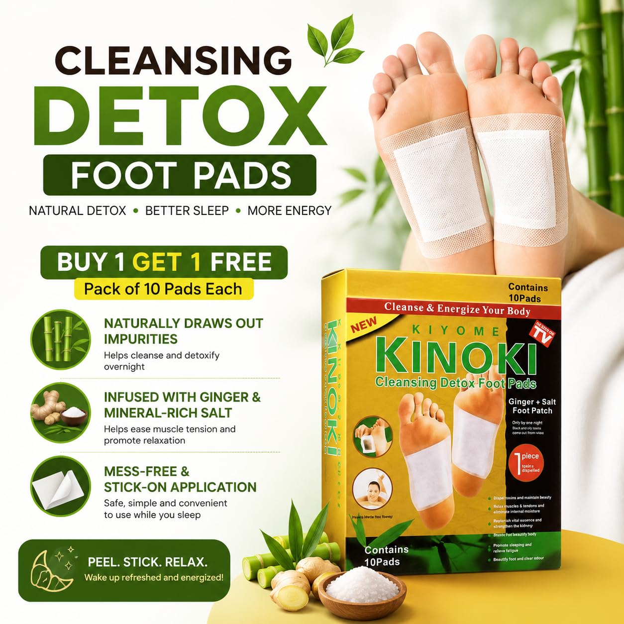 Cleansing Detox Foot Pads for Natural Overnight Detox — Buy 1 Get 1 Free, Pack of 10 Pads Each