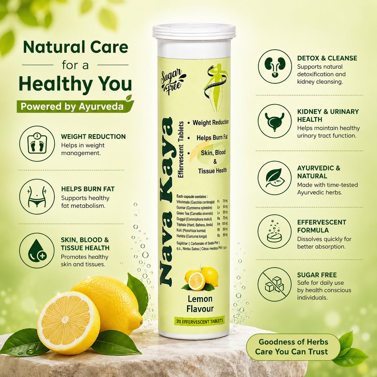Naya Kaya Weight Loss (Sugar Free) Ayurvedic Lemon Effervescent Wellness Tablets Pack of 3 for Weight Management